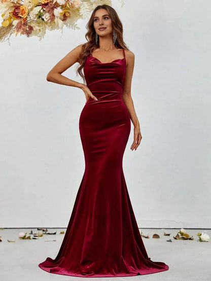 Classic Mermaid Cowl Neck Sleeveless Backless Sweep/Brush Train Prom Dress