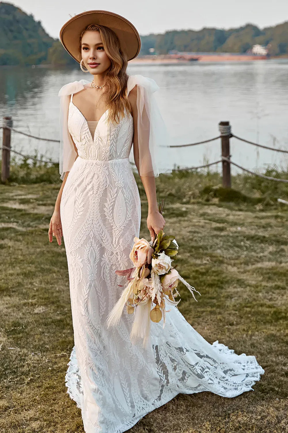 Classic Mermaid Off the Shoulder Sleeveless V Back Sweep Train Wedding Dress