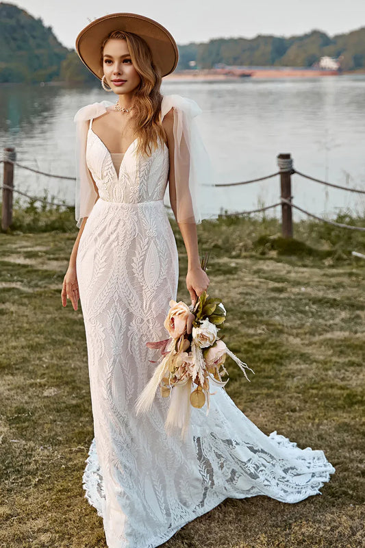 Classic Mermaid Off the Shoulder Sleeveless V Back Sweep Train Wedding Dress