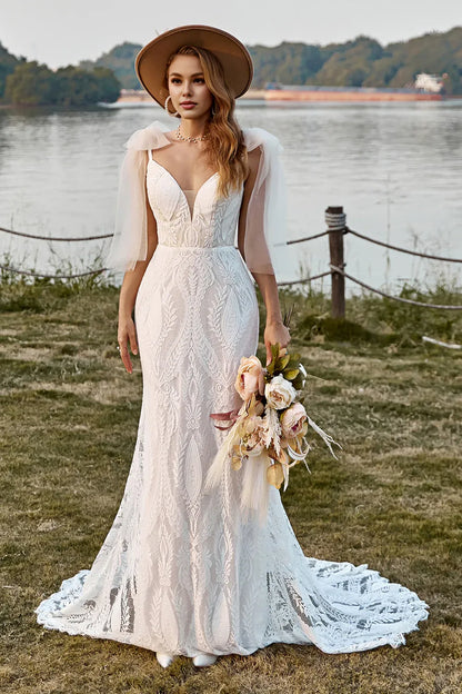 Classic Mermaid Off the Shoulder Sleeveless V Back Sweep Train Wedding Dress