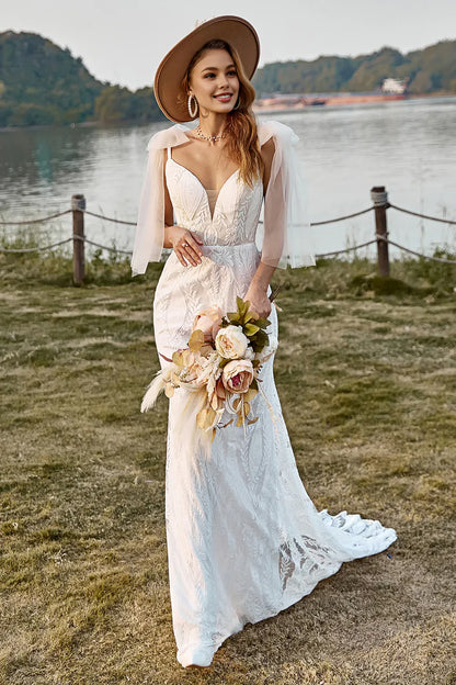 Classic Mermaid Off the Shoulder Sleeveless V Back Sweep Train Wedding Dress
