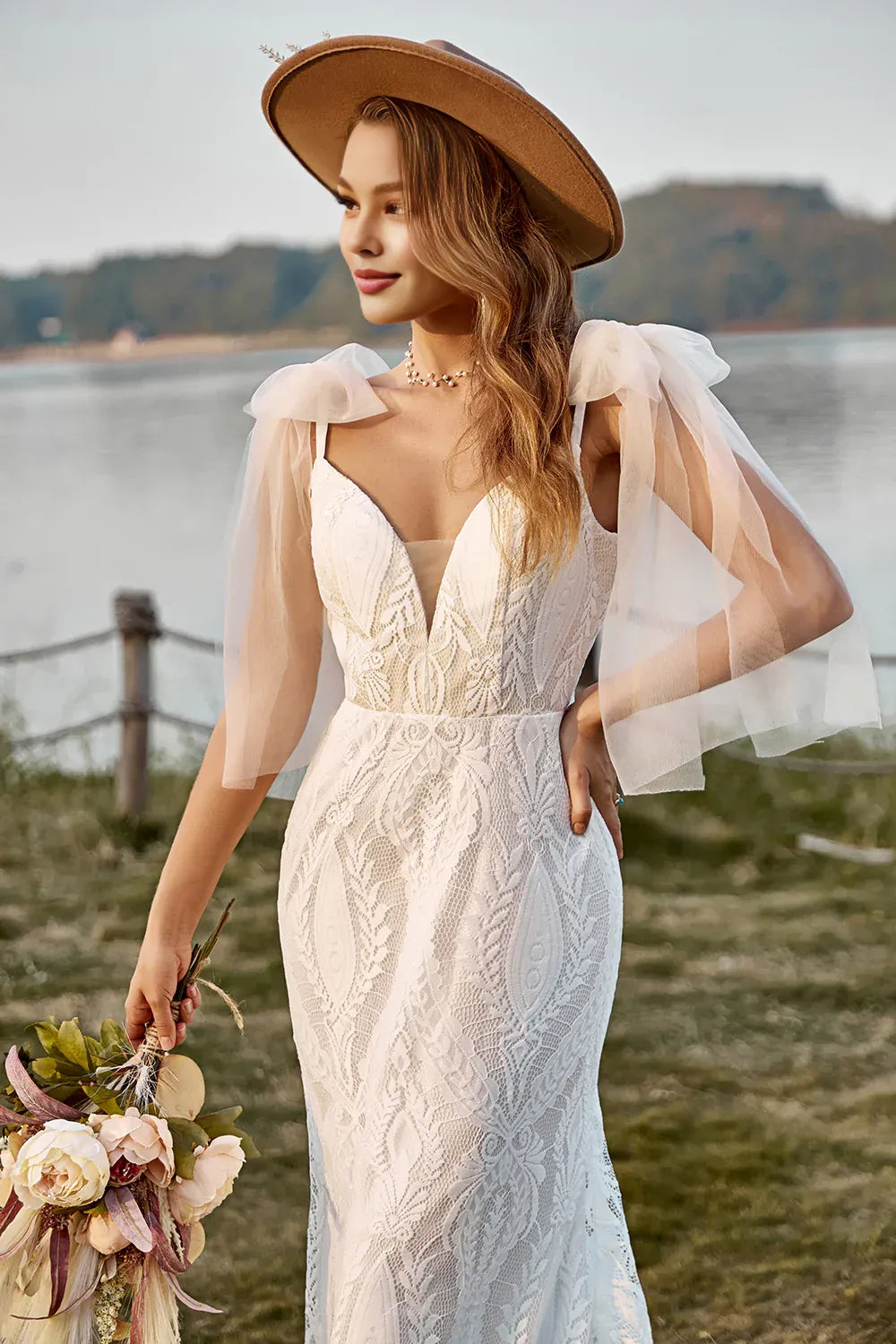 Classic Mermaid Off the Shoulder Sleeveless V Back Sweep Train Wedding Dress