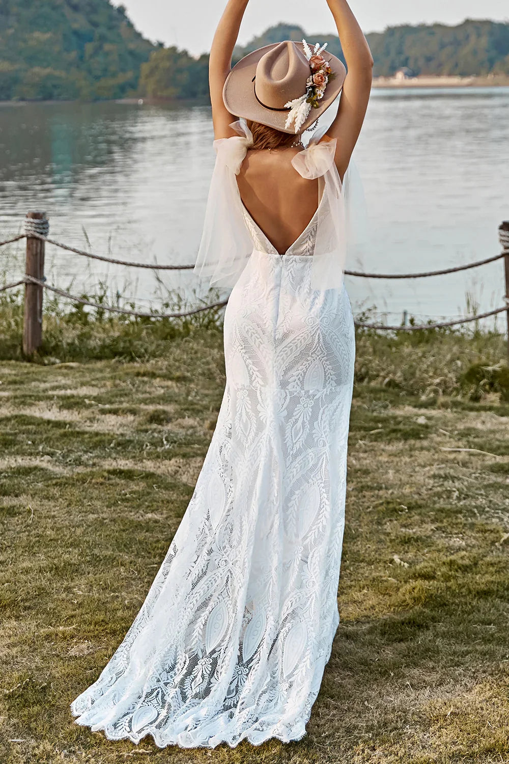 Classic Mermaid Off the Shoulder Sleeveless V Back Sweep Train Wedding Dress