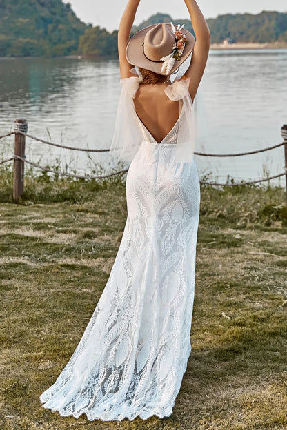 Classic Mermaid Off the Shoulder Sleeveless V Back Sweep Train Wedding Dress