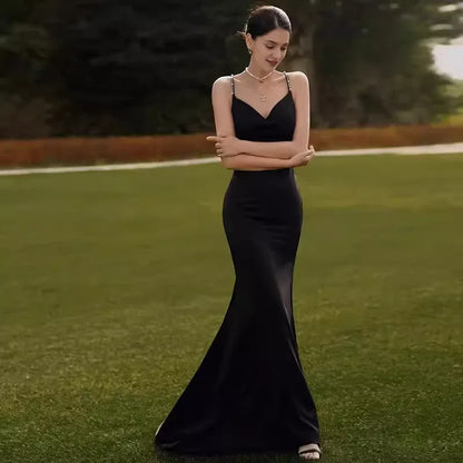 Classic Mermaid Spaghetti Straps Sleeveless Backless Satin Prom Dresses