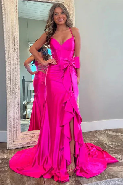 Classic Mermaid Spaghetti Straps Sleeveless Split Satin Floor Length Prom Dress