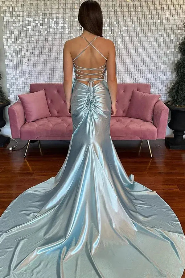 Classic Mermaid Spaghetti Straps Sleeveless Split Satin Floor Length Prom Dress