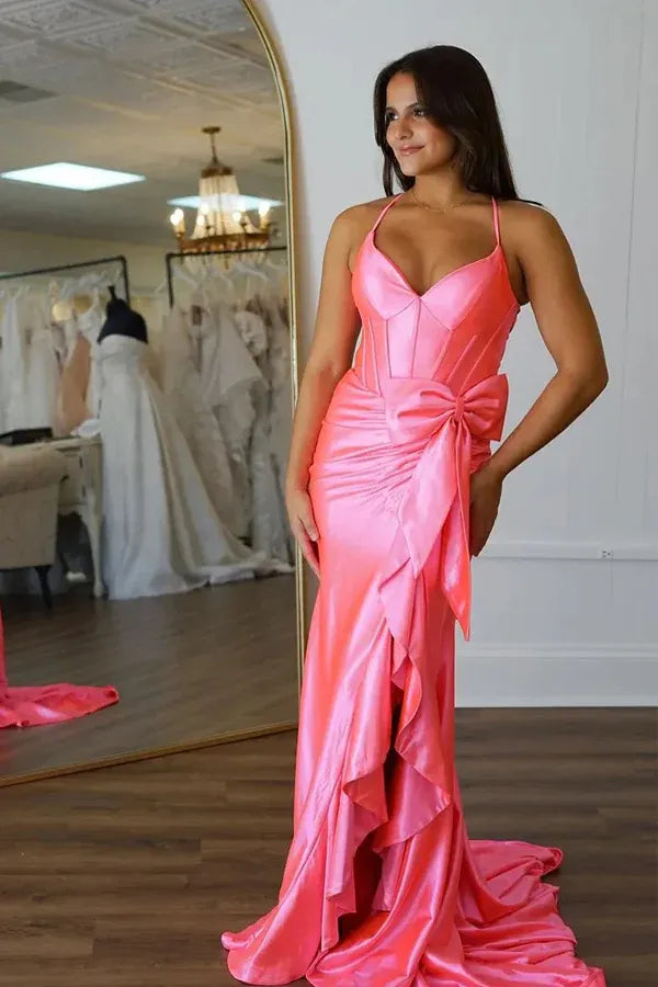 Classic Mermaid Spaghetti Straps Sleeveless Split Satin Floor Length Prom Dress