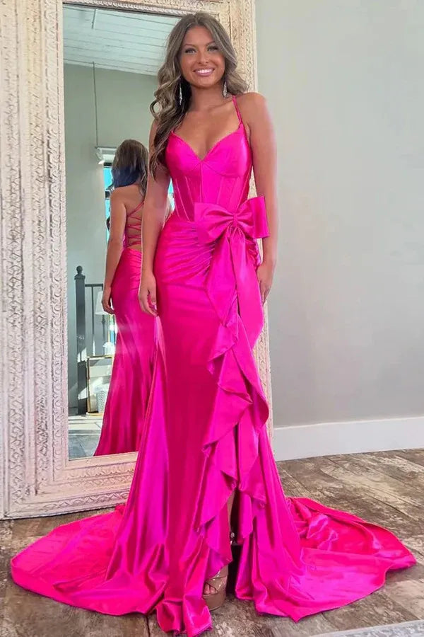 Classic Mermaid Spaghetti Straps Sleeveless Split Satin Floor Length Prom Dress