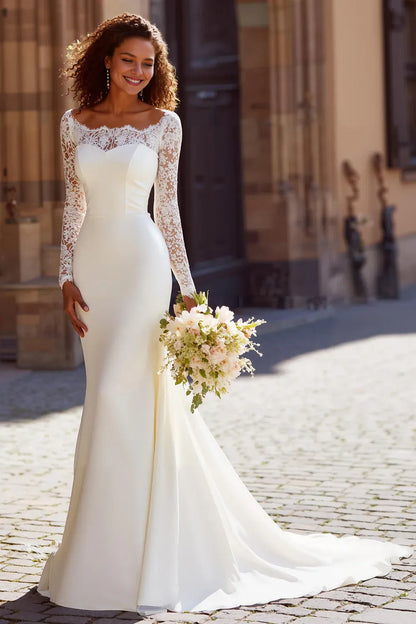 Classic Mermaid/Trumpet Boat Neck Long Sleeve Chiffon Sweep Train Wedding Dress