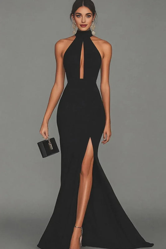 Classic Mermaid/Trumpet Halter Neck Sleeveless Satin Sweep/Brush Train Evening Dress