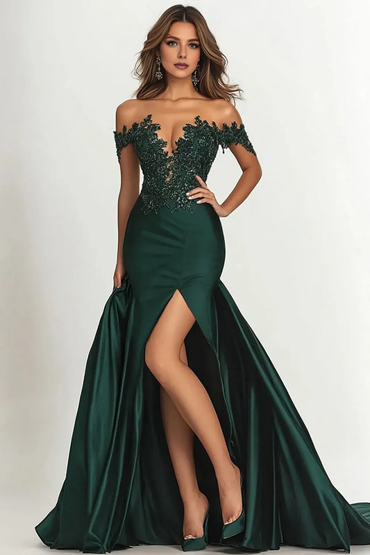 Classic Mermaid/Trumpet Off the Shoulder Appliques Satin Sweep/Brush Train Prom Dress