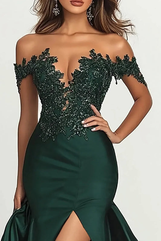 Classic Mermaid/Trumpet Off the Shoulder Appliques Satin Sweep/Brush Train Prom Dress