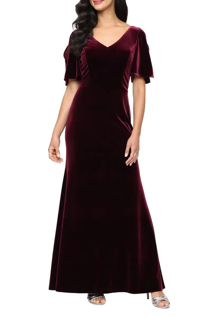 Classic Mermaid V Neck Short Sleeve Velvet Floor-Length Prom Dress