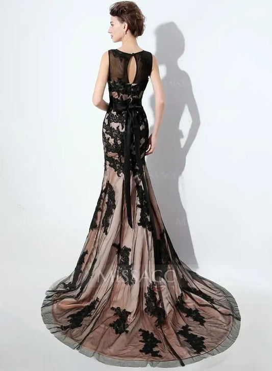 Classic Scoop Neck Sleeveless Mermaid Chiffon Appliques Court Train Prom Gown