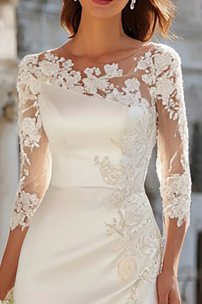 Classic Sheath/Column Jewel Neck Long Sleeve Satin Floor-Length Wedding Dress