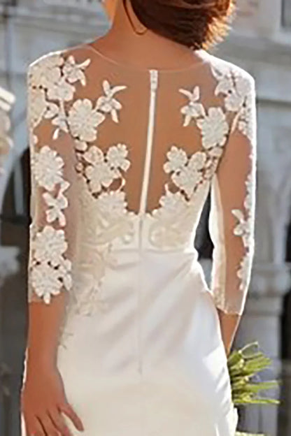 Classic Sheath/Column Jewel Neck Long Sleeve Satin Floor-Length Wedding Dress