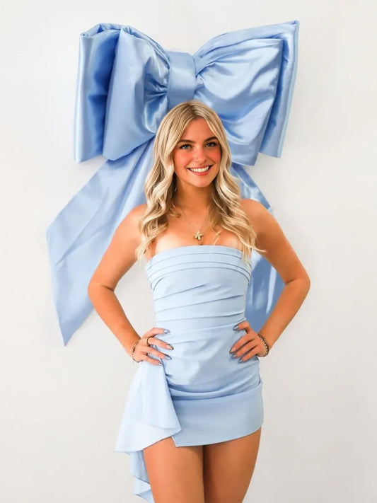 Light‑Blue Satin Sheath Strapless Sleeveless Backless Draped‑Slit Mini Homecoming Dresses
