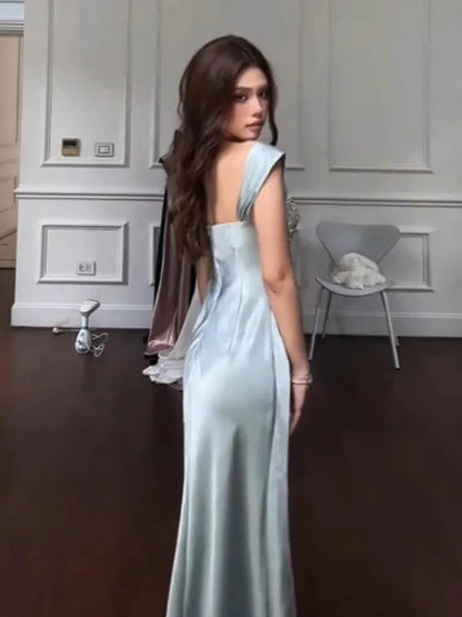 Classic Square Neck Sleeveless Bodycon Crystal Satin Floor Length Evening Dress