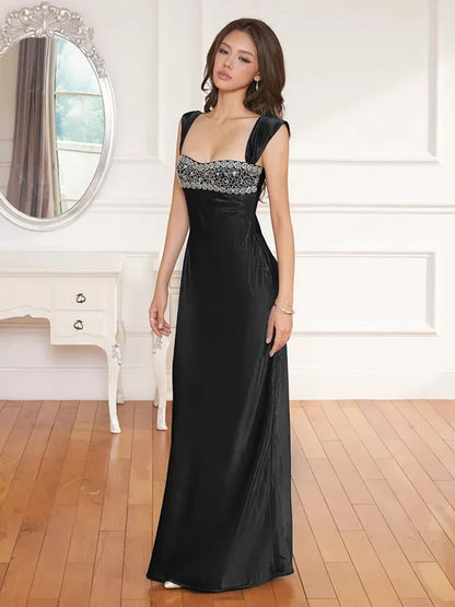 Classic Square Neck Sleeveless Bodycon Crystal Satin Floor Length Evening Dress