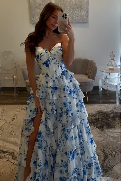 Classic Sweetheart Sleeveless Empire A-Line Chiffon Tiered Long Prom Dress