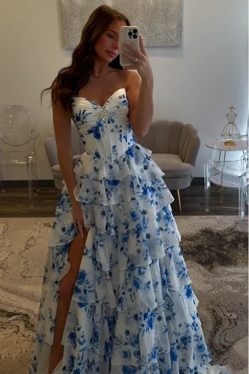 Classic Sweetheart Sleeveless Empire A-Line Chiffon Tiered Long Prom Dress