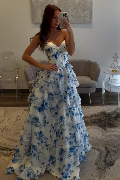 Classic Sweetheart Sleeveless Empire A-Line Chiffon Tiered Long Prom Dress
