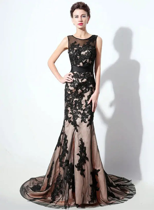 Classic Scoop Neck Sleeveless Mermaid Chiffon Appliques Court Train Prom Gown