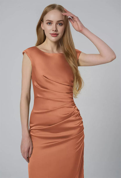 Column Bateau Neckline Tea Length Cap Sleeves Pleat Prom Dresses Elegant Satin Prom Dresses for Ladies