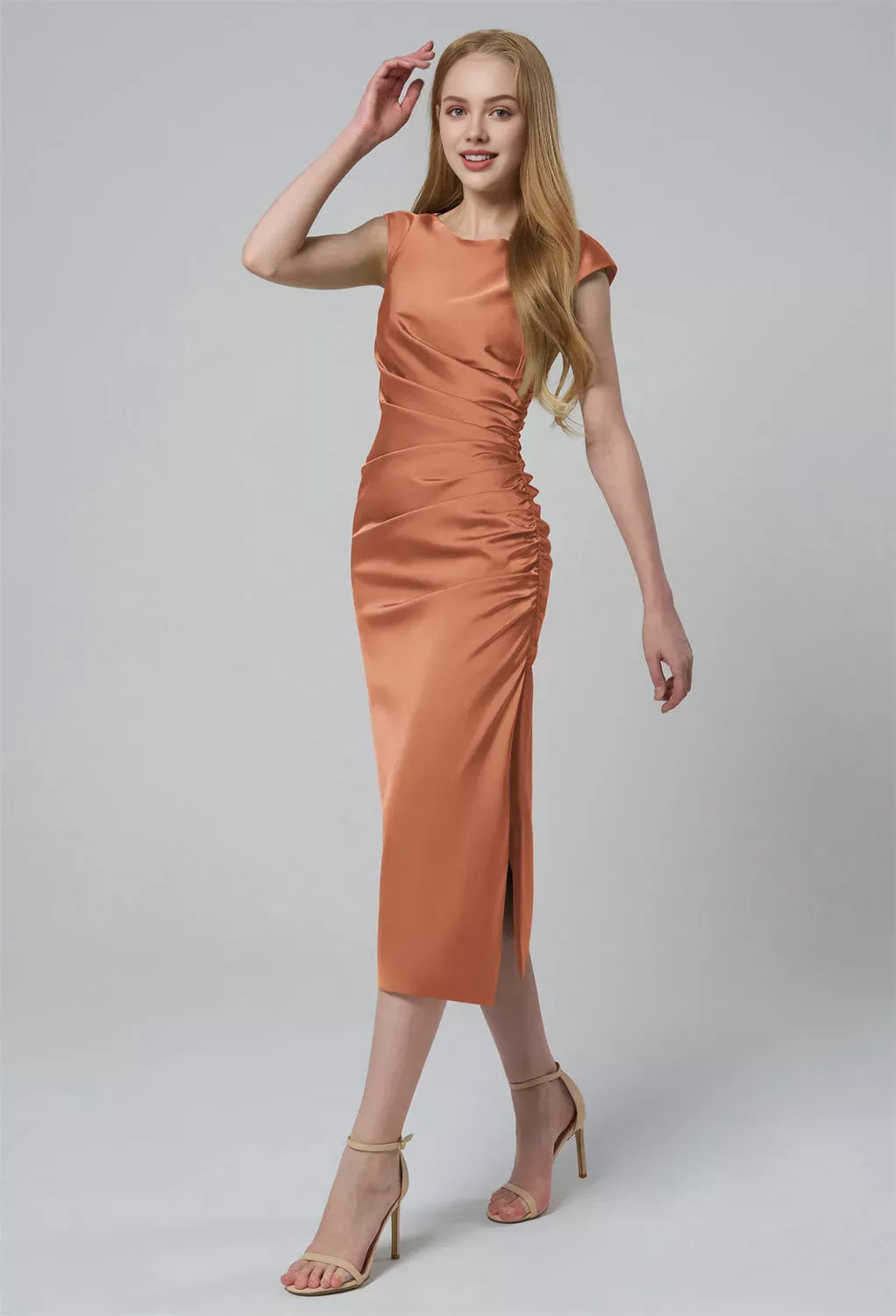 Column Bateau Neckline Tea Length Cap Sleeves Pleat Prom Dresses Elegant Satin Prom Dresses for Ladies