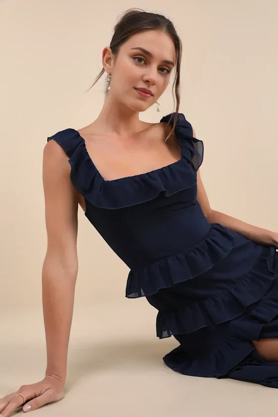 Formal Women's Dresses Sleeveless Compelling Romantic Dark Blue Ruffled Tiered Maxi Dress Prom Dress Stores