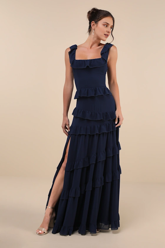 Formal Women's Dresses Sleeveless Compelling Romantic Dark Blue Ruffled Tiered Maxi Dress Prom Dress Stores