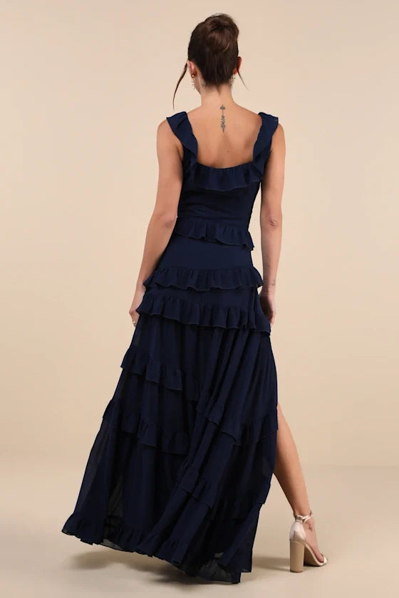 Formal Women's Dresses Sleeveless Compelling Romantic Dark Blue Ruffled Tiered Maxi Dress Prom Dress Stores