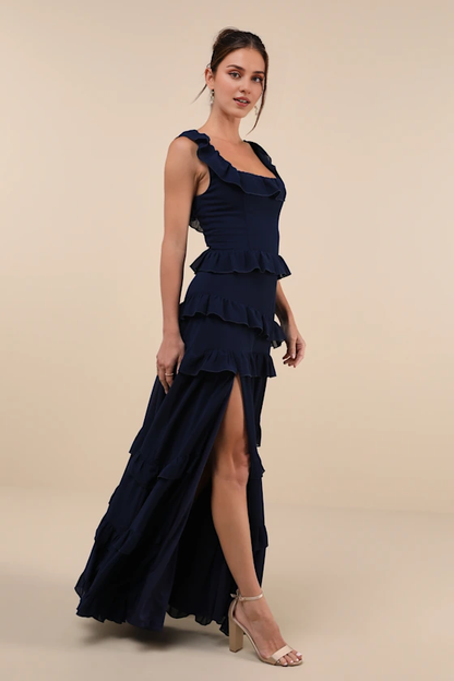 Formal Women's Dresses Sleeveless Compelling Romantic Dark Blue Ruffled Tiered Maxi Dress Prom Dress Stores