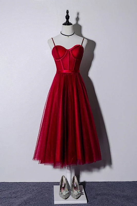 Formal Women's Dresses Wine Red Tulle Tea Length Sweetheart Neck Corset Prom Dress Homecoming Dress Prom Dresses Stores