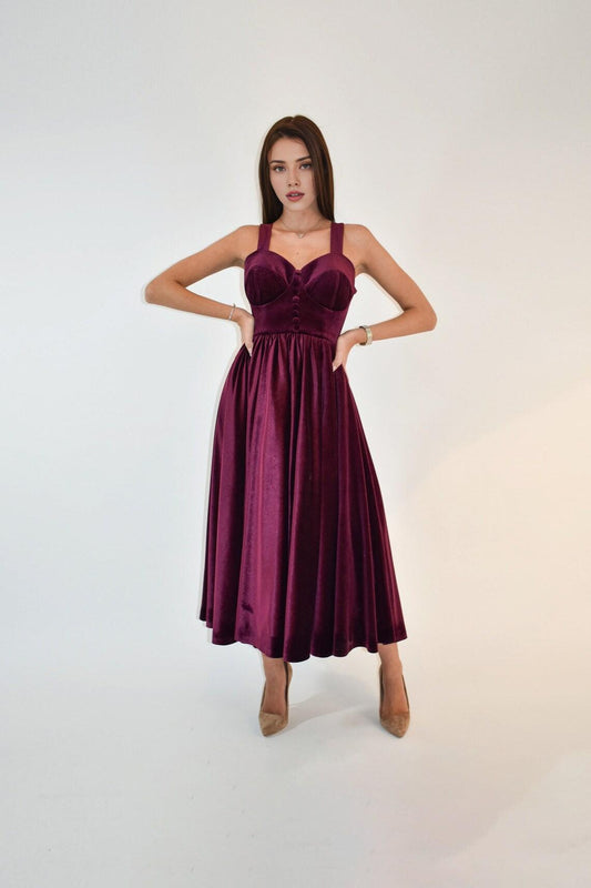 Corset Velvet Naked Shoulder A-line Tea Length Prom Party Dress