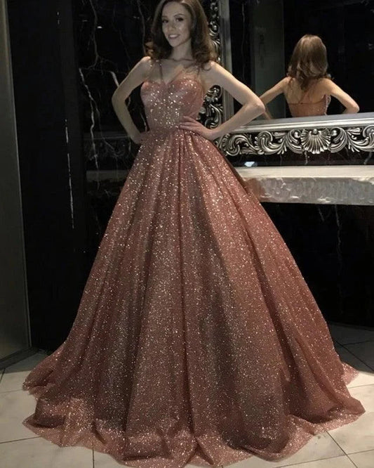 Formal Women's Dresses Rose Gold Sparkly Ball Gown Dresses Cross Neck Prom Dresses Stores