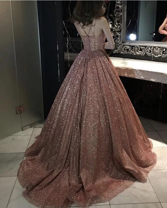 Formal Women's Dresses Rose Gold Sparkly Ball Gown Dresses Cross Neck Prom Dresses Stores