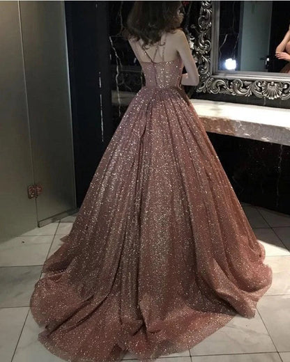 Formal Women's Dresses Rose Gold Sparkly Ball Gown Dresses Cross Neck Prom Dresses Stores