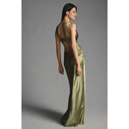 Cultivate Oneself Backless Deep V Neck Green Sleeveless Lace Prom Dress