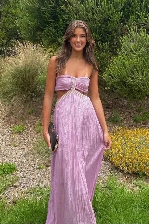 Formal Women's Dresses Purple Strapless Cut Out A-Line Long Party Dress Prom Clothing