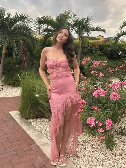 Formal Wear Dresses Pink Strapless Cut Out Lace High-Low Sweet Party Dress Stores With Prom Dresses Formal Women's Dresses