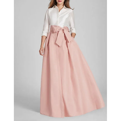 Cute A-Line 3/4 Length Sleeve Shirt Collar Satin Bow Floor-Length Mother of the Bride Dress