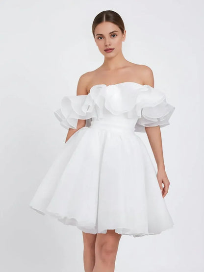 Cute A-Line Off-The-Shoulder Sleeveless Pleated Organza Short Mini Wedding Dress