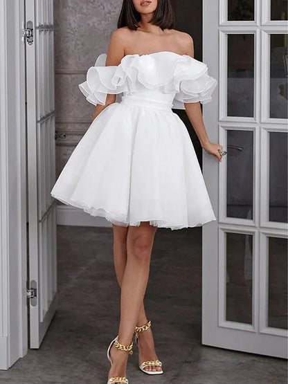 Cute A-Line Off-The-Shoulder Sleeveless Pleated Organza Short Mini Wedding Dress