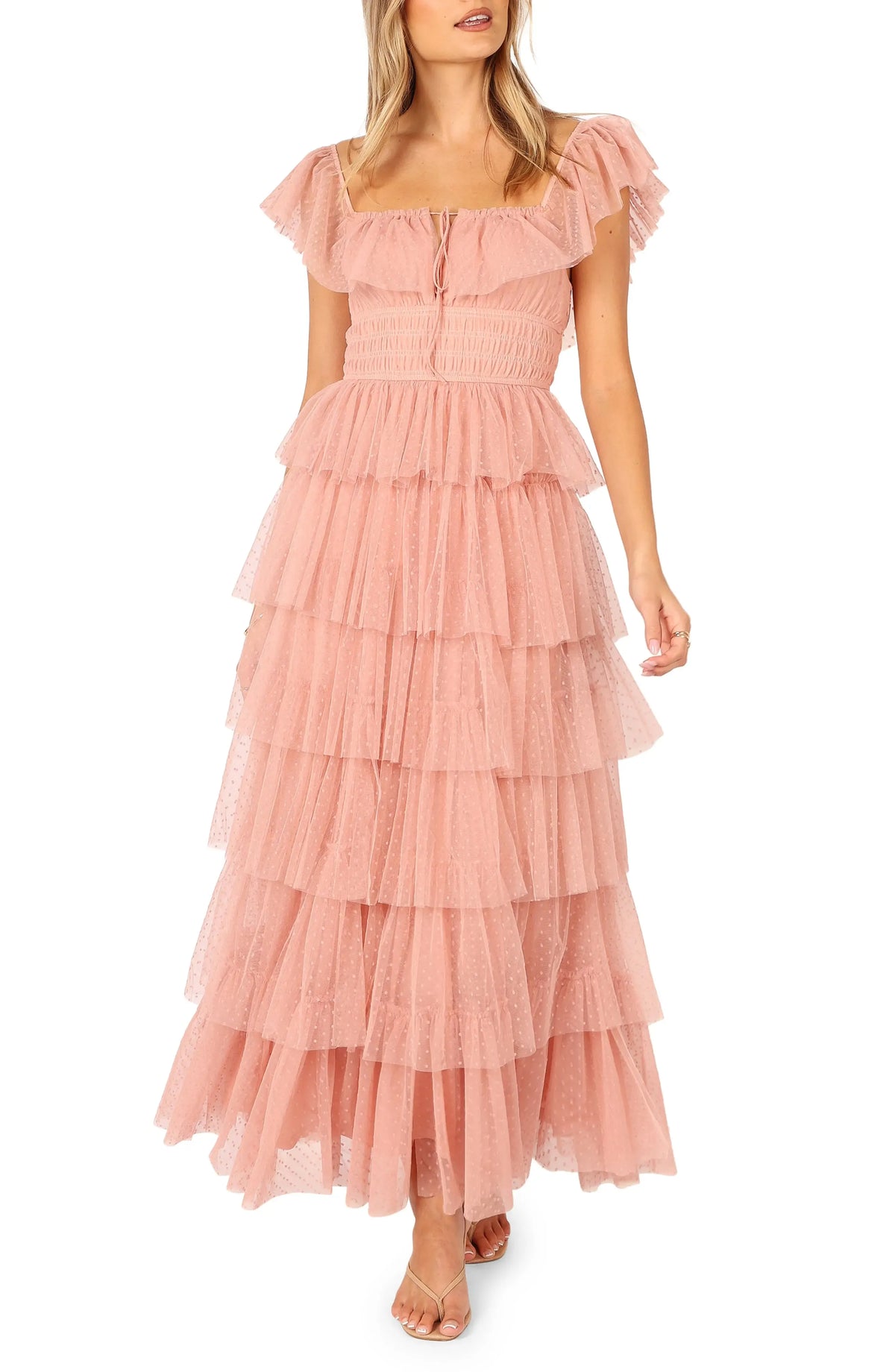 Cute A-Line Square Neck Cap Sleeve Backless Floor-Length Prom Dress