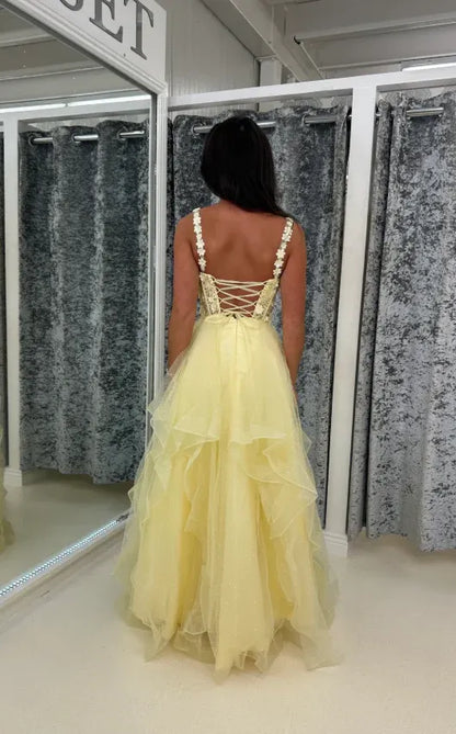 Cute Spaghetti Straps Sleeveless A-Line Appliques Tulle Floor-Length Prom Dress