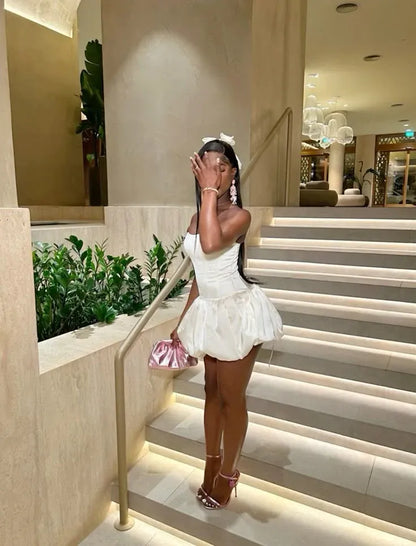 Cute Strapless Sleeveless A Line Pleated Satin Short-Mini Homecoming Dress