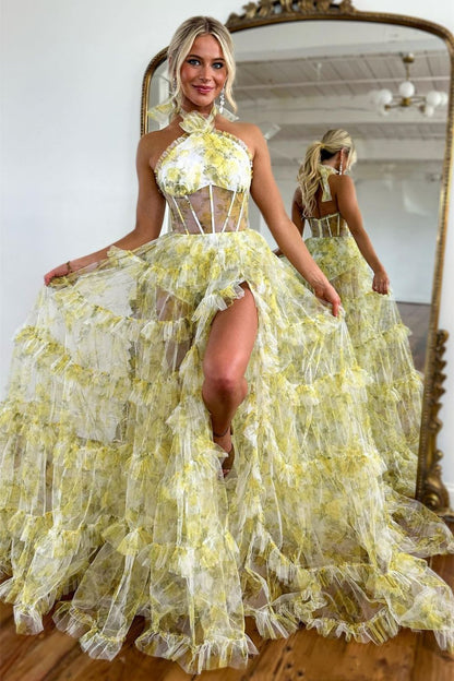 Cute Yellow A-Line Halter Neck Backless Long Tulle Prom Dress With Slit