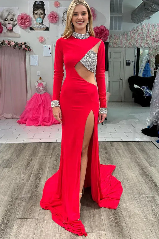 Cutout Waist High Neck Long Sleeve Red Mermaid Prom Dresses With Hight Slit